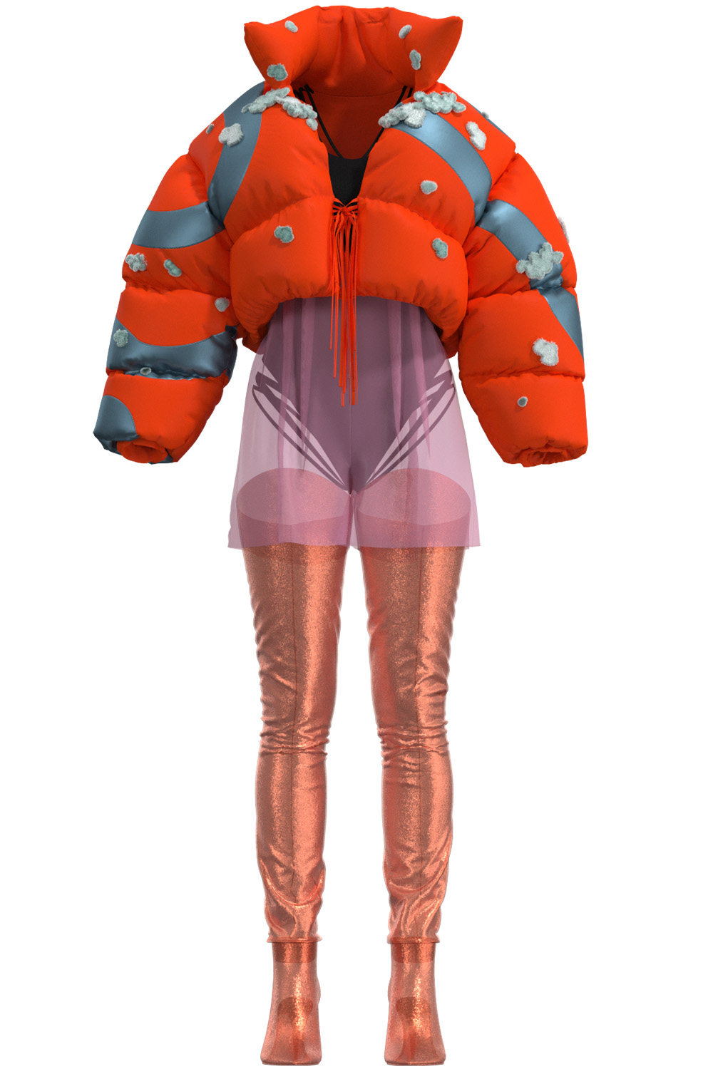 Woman's look with an orange puff for Pushka